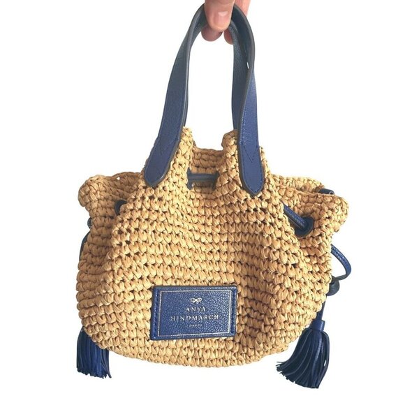 Anya Hindmarch Raffia Drawstring Tote Sz Small in Electric Blue Leather Tassels - Picture 2 of 16